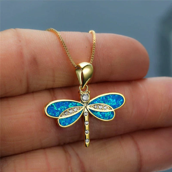Aurora Wing Opal Dragonfly Pendant - Elysian Bijoux