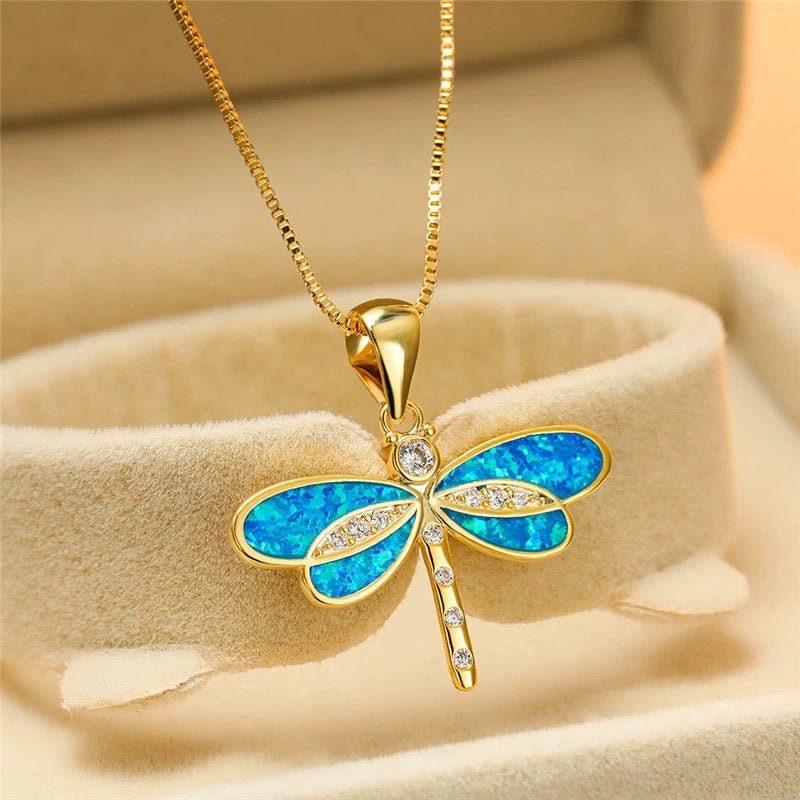 Aurora Wing Opal Dragonfly Pendant - Elysian Bijoux