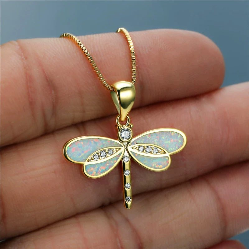 Aurora Wing Opal Dragonfly Pendant - Elysian Bijoux