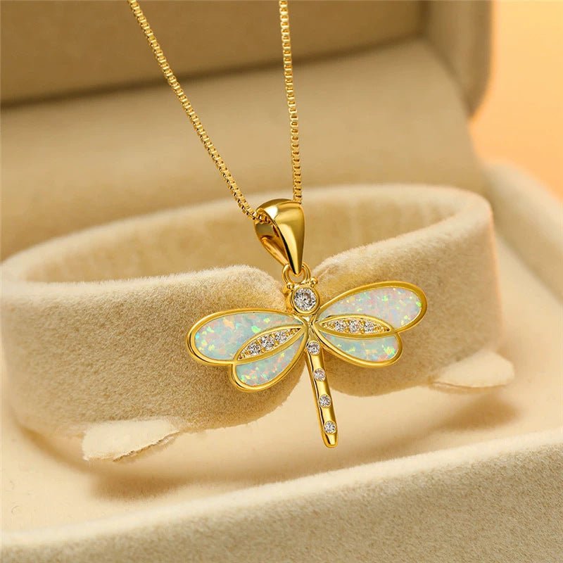 Aurora Wing Opal Dragonfly Pendant - Elysian Bijoux