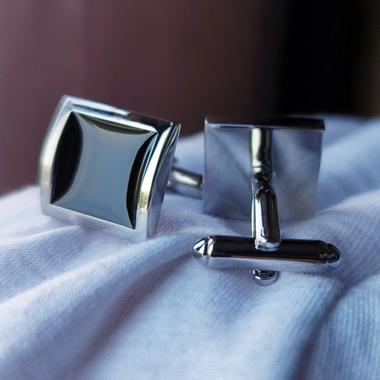 Classic Black Square French Cufflinks – Epoxy Brass Design - Elysian Bijoux