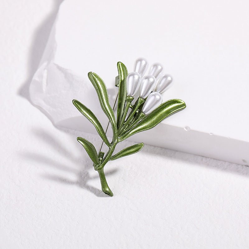 Creative All - Match Green Plant Flower Pearl Brooch - Elysian Bijoux