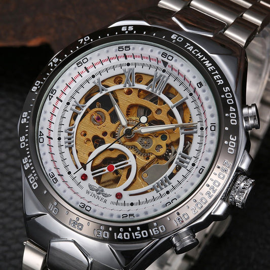 Men’s All - Steel Hollow Automatic Mechanical Watch – Fashion Skeleton Design - Elysian Bijoux