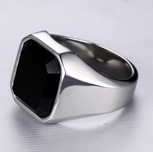 Men’s Stainless Steel Black Agate Ring - Elysian Bijoux
