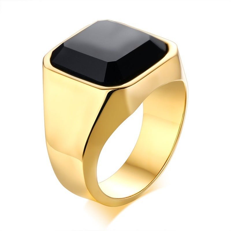 Men’s Stainless Steel Black Agate Ring - Elysian Bijoux