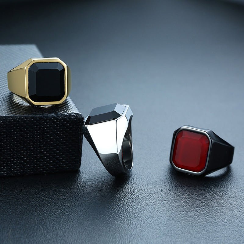 Men’s Stainless Steel Black Agate Ring - Elysian Bijoux