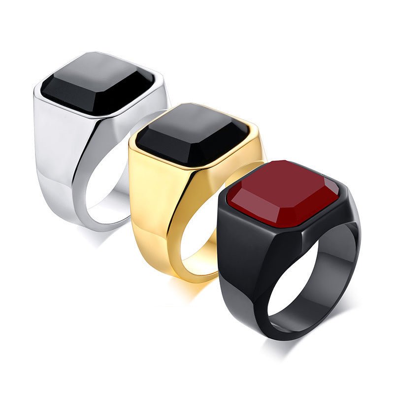 Men’s Stainless Steel Black Agate Ring - Elysian Bijoux