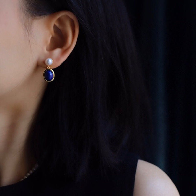 OceanLuxe Lapis & Pearl Earrings - Elysian Bijoux