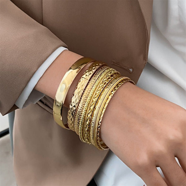 PureGloss Wide Gold Bangle Set (10) - Elysian Bijoux