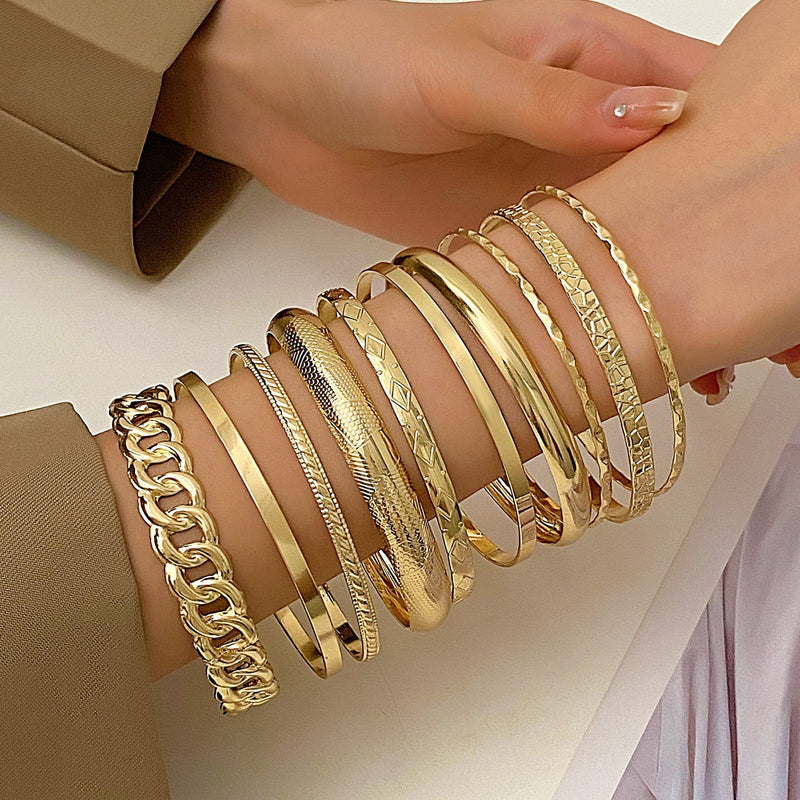 PureGloss Wide Gold Bangle Set (10) - Elysian Bijoux
