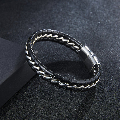Woven Leather Bracelets for Men – Geometric Alloy Detailing - Elysian Bijoux