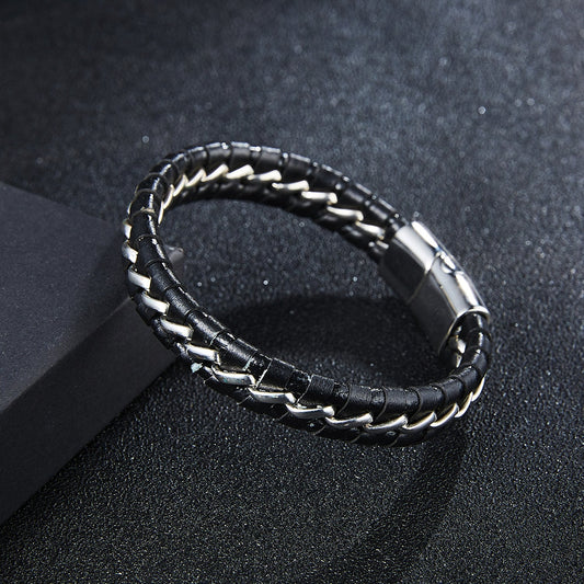 Woven Leather Bracelets for Men – Geometric Alloy Detailing - Elysian Bijoux