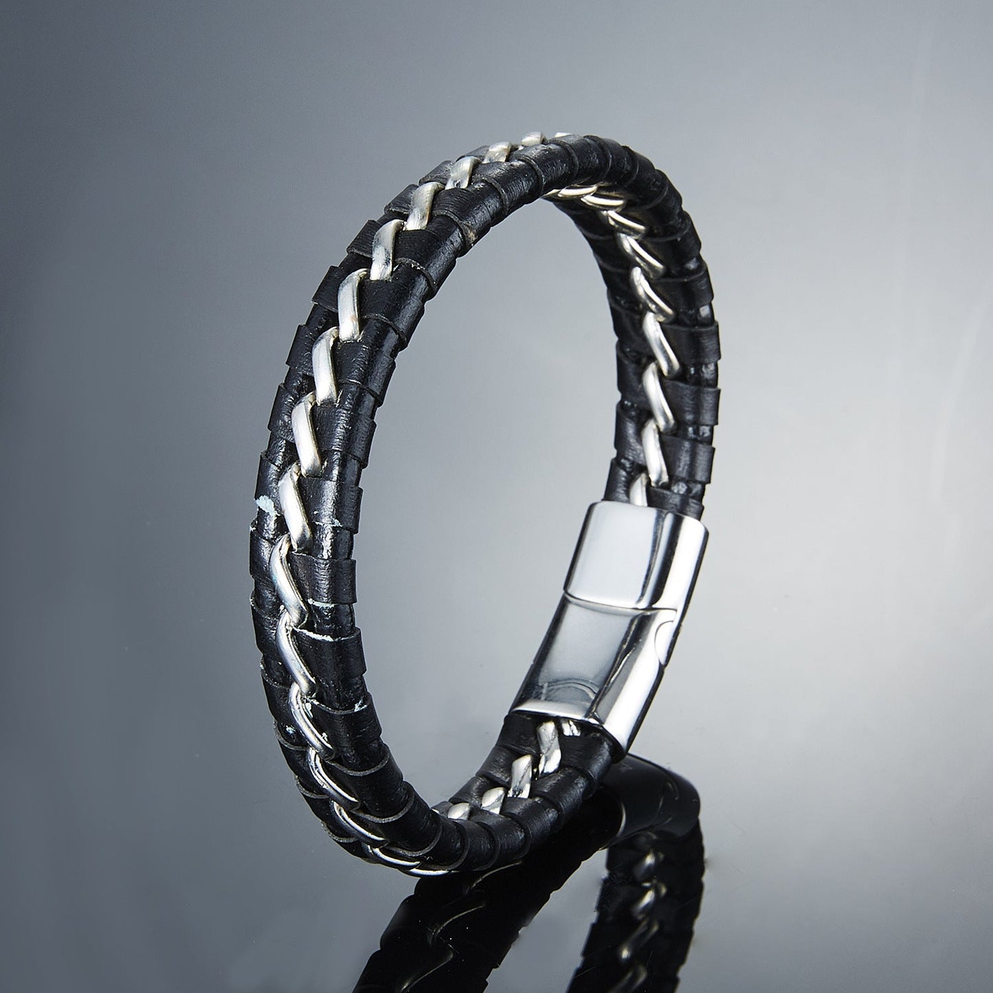 Woven Leather Bracelets for Men – Geometric Alloy Detailing - Elysian Bijoux