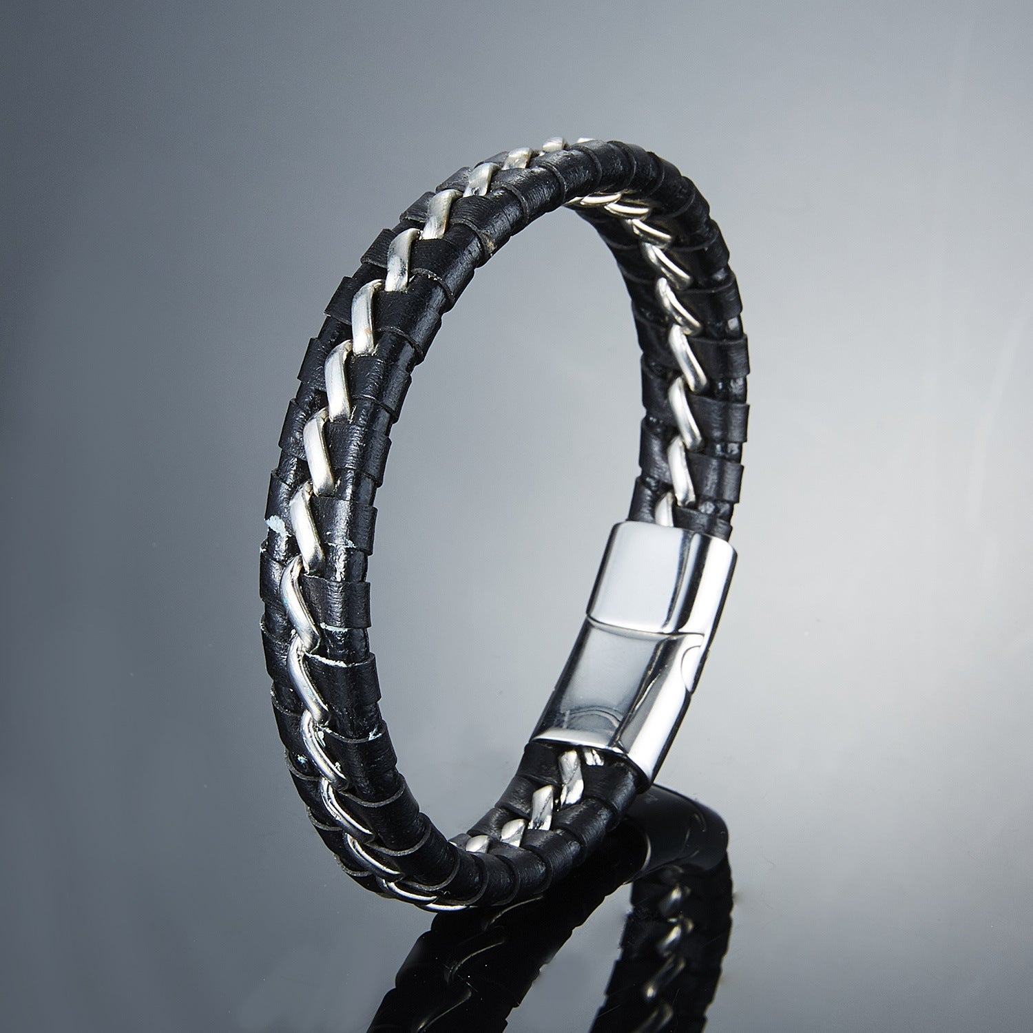 Woven Leather Bracelets for Men – Geometric Alloy Detailing - Elysian Bijoux