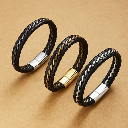 Woven Leather Bracelets for Men – Geometric Alloy Detailing - Elysian Bijoux