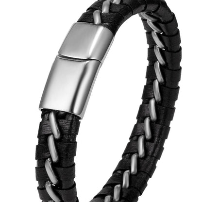 Woven Leather Bracelets for Men – Geometric Alloy Detailing - Elysian Bijoux