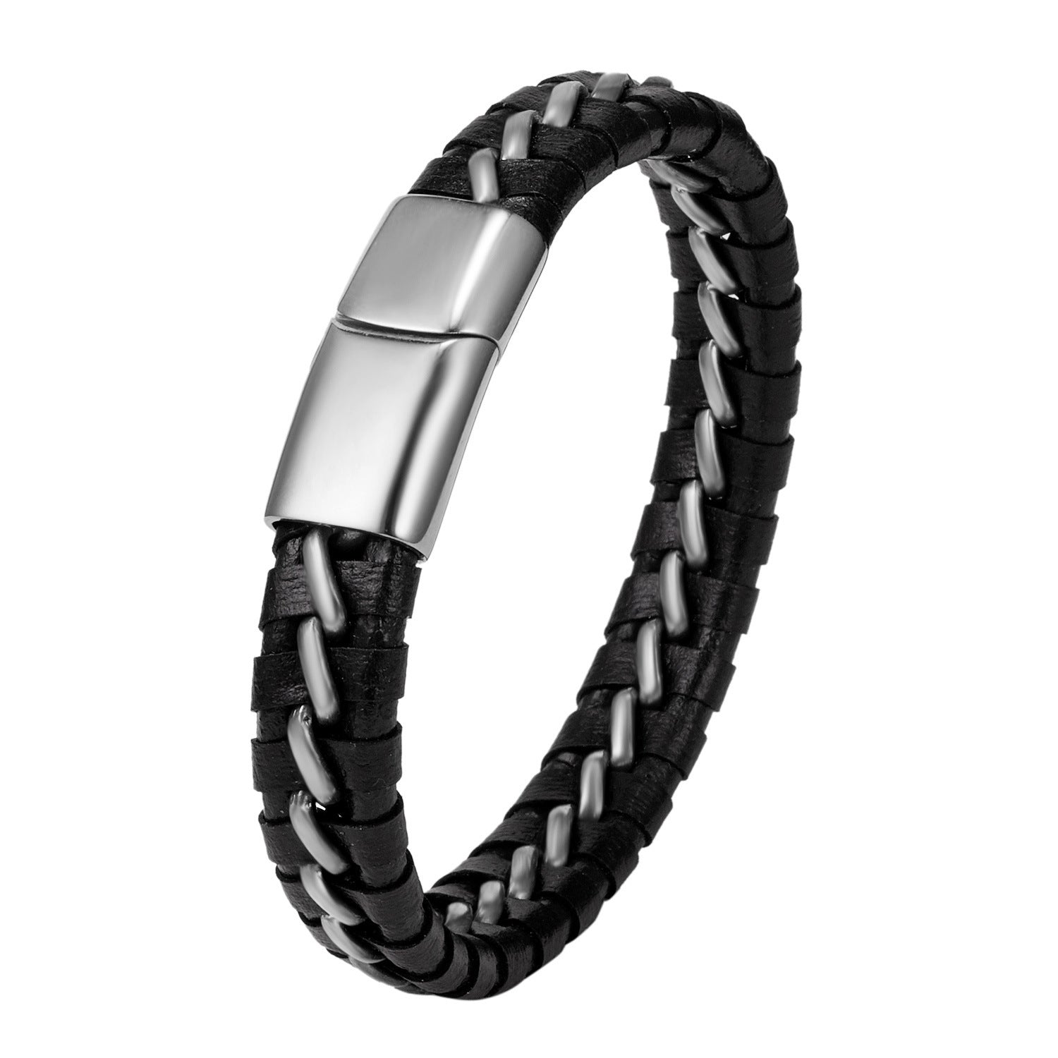 Woven Leather Bracelets for Men – Geometric Alloy Detailing - Elysian Bijoux