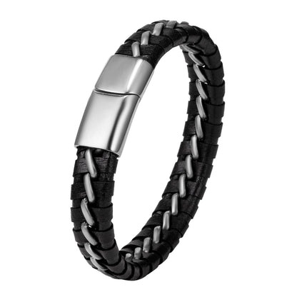 Woven Leather Bracelets for Men – Geometric Alloy Detailing - Elysian Bijoux